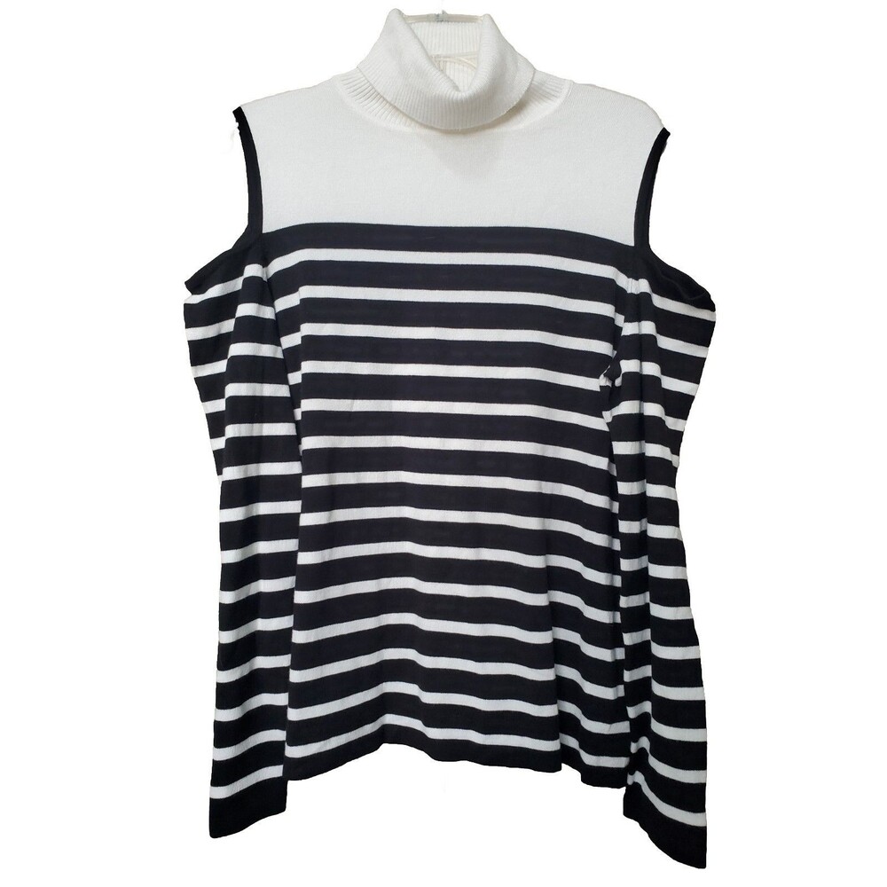 Susan Graver Striped Rayon Nylon Cold Shoulder Turtleneck Pullover Sweater Sz L